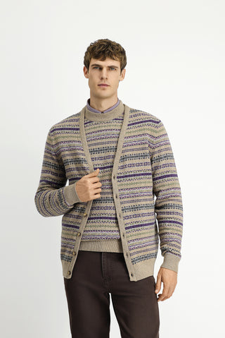  Orta Bej Desenli Yünlü Triko Hırka