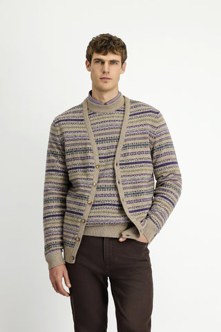  Orta Bej Desenli Yünlü Triko Hırka