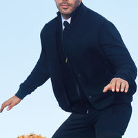 Siyah Desenli Fermuarlı Yünlü Triko Yelek