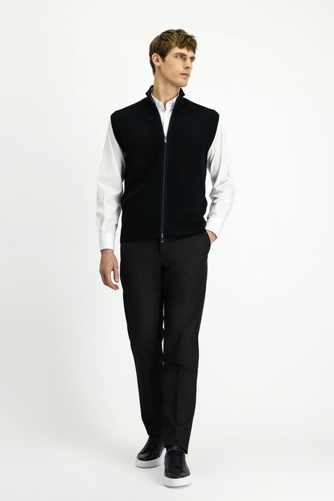 Siyah Desenli Fermuarlı Yünlü Triko Yelek