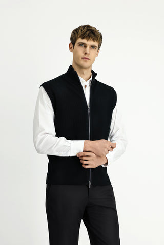  Siyah Desenli Fermuarlı Yünlü Triko Yelek