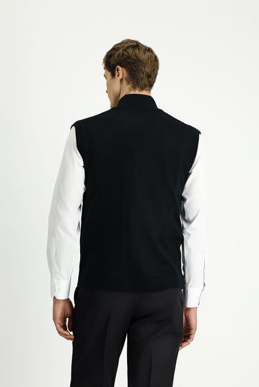 Siyah Desenli Fermuarlı Yünlü Triko Yelek