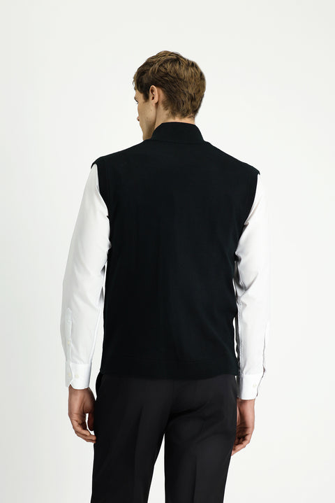 Siyah Desenli Fermuarlı Yünlü Triko Yelek