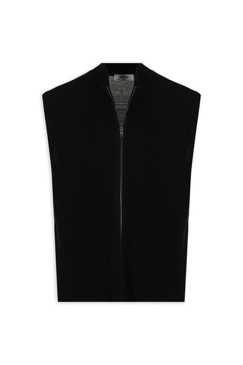 Siyah Desenli Fermuarlı Yünlü Triko Yelek