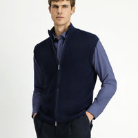 Koyu Lacivert Desenli Fermuarlı Yünlü Triko Yelek