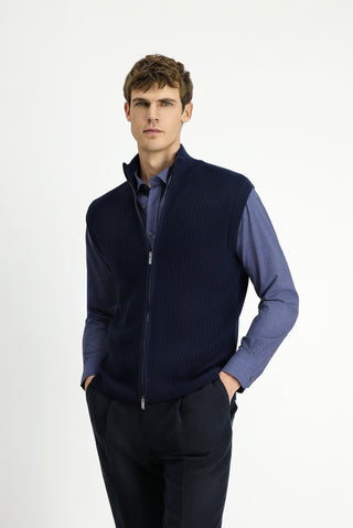  Koyu Lacivert Desenli Fermuarlı Yünlü Triko Yelek