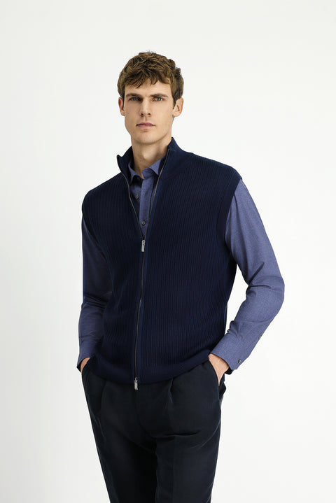 Koyu Lacivert Desenli Fermuarlı Yünlü Triko Yelek