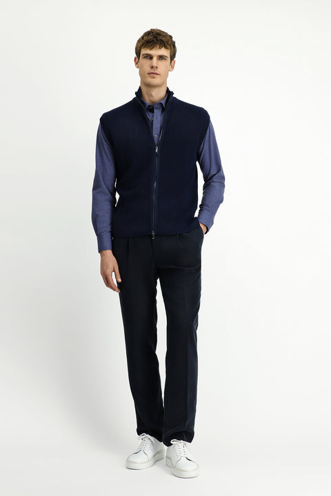 Koyu Lacivert Desenli Fermuarlı Yünlü Triko Yelek