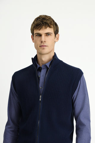  Koyu Lacivert Desenli Fermuarlı Yünlü Triko Yelek