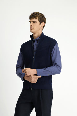  Koyu Lacivert Desenli Fermuarlı Yünlü Triko Yelek