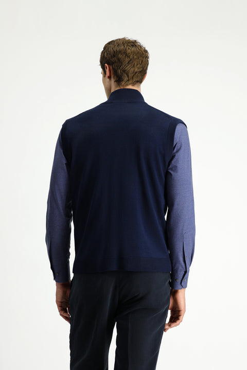 Koyu Lacivert Desenli Fermuarlı Yünlü Triko Yelek