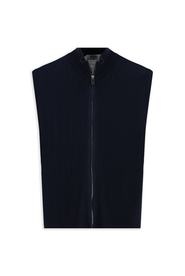 Koyu Lacivert Desenli Fermuarlı Yünlü Triko Yelek