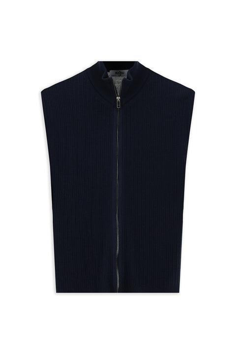 Koyu Lacivert Desenli Fermuarlı Yünlü Triko Yelek