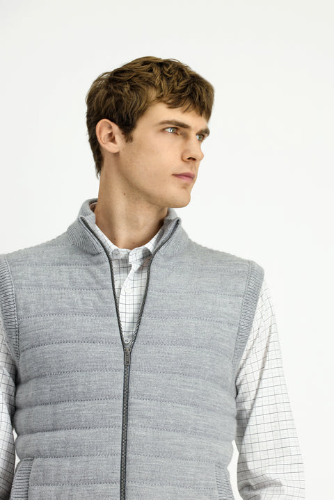 Açık Gri Melanj Desenli Fermuarlı Triko Yelek