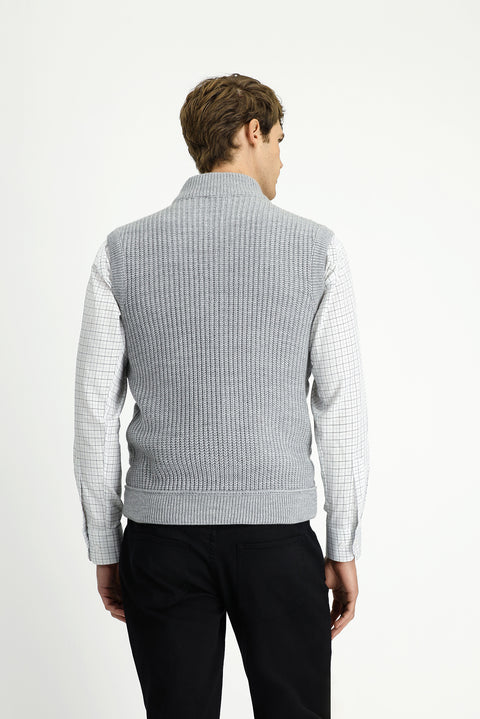 Açık Gri Melanj Desenli Fermuarlı Triko Yelek