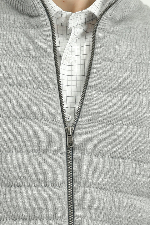 Açık Gri Melanj Desenli Fermuarlı Triko Yelek