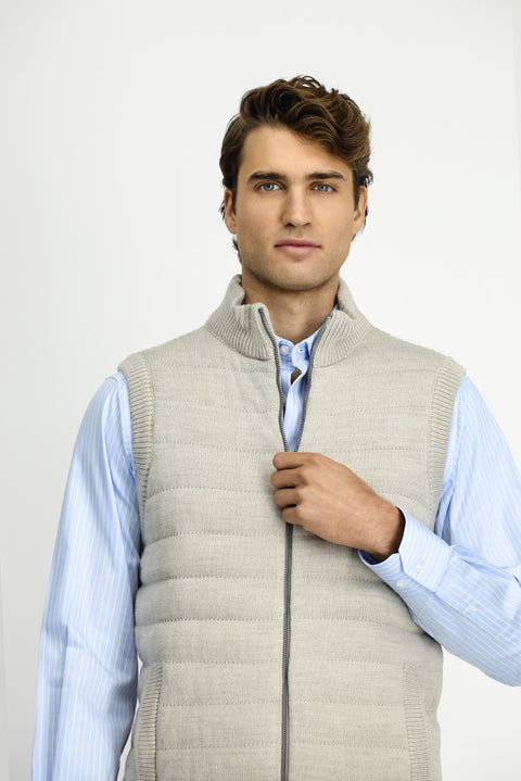 Açık Vizon Desenli Fermuarlı Triko Yelek