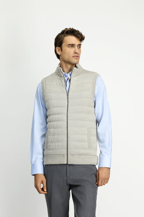 Açık Vizon Desenli Fermuarlı Triko Yelek