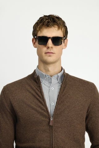  Orta Kahve Yarım Balıkçı Yaka Desenli Fermuarlı Yünlü Kaşmir Karışımlı Örme Triko Hırka