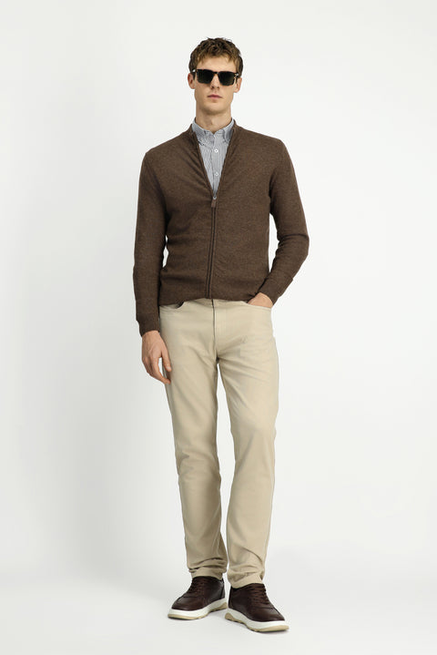 Orta Kahve Yarım Balıkçı Yaka Desenli Fermuarlı Yünlü Kaşmir Karışımlı Örme Triko Hırka