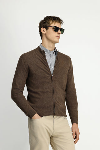  Orta Kahve Yarım Balıkçı Yaka Desenli Fermuarlı Yünlü Kaşmir Karışımlı Örme Triko Hırka