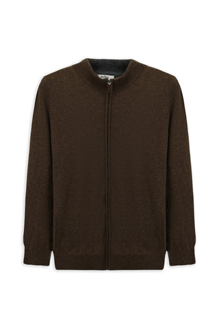  Orta Kahve Yarım Balıkçı Yaka Desenli Fermuarlı Yünlü Kaşmir Karışımlı Örme Triko Hırka