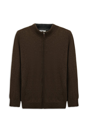  Orta Kahve Yarım Balıkçı Yaka Desenli Fermuarlı Yünlü Kaşmir Karışımlı Örme Triko Hırka