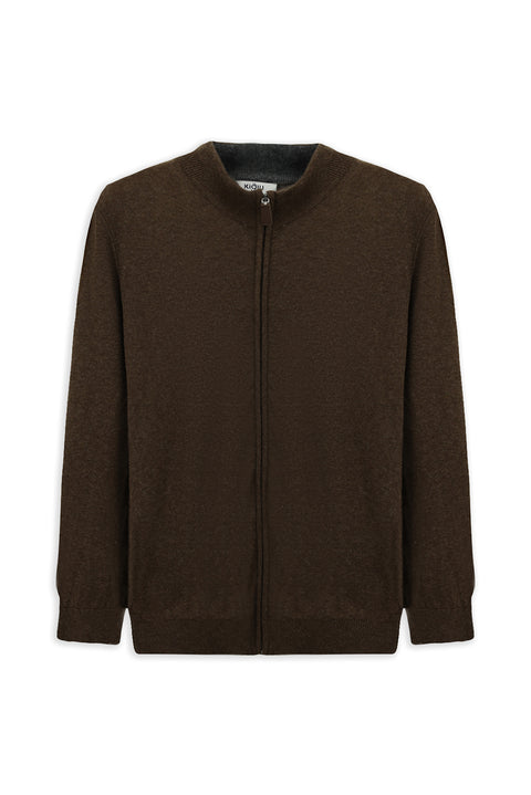 Orta Kahve Yarım Balıkçı Yaka Desenli Fermuarlı Yünlü Kaşmir Karışımlı Örme Triko Hırka