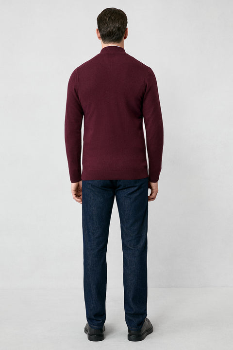 Koyu Bordo Yarım Balıkçı Yaka Desenli Fermuarlı Yünlü Kaşmir Karışımlı Örme Triko Hırka