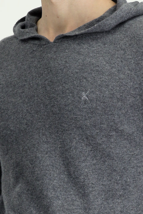 Orta Gri Melanj Kapüşonlu Regular Fit Yünlü Triko Kazak
