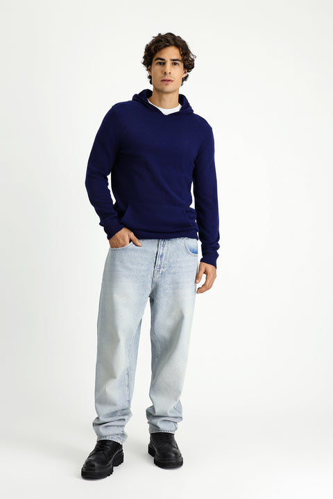 Koyu Lacivert Kapüşonlu Regular Fit Yünlü Triko Kazak