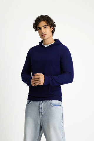  Koyu Lacivert Kapüşonlu Regular Fit Yünlü Triko Kazak