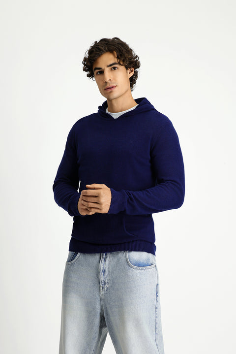 Koyu Lacivert Kapüşonlu Regular Fit Yünlü Triko Kazak