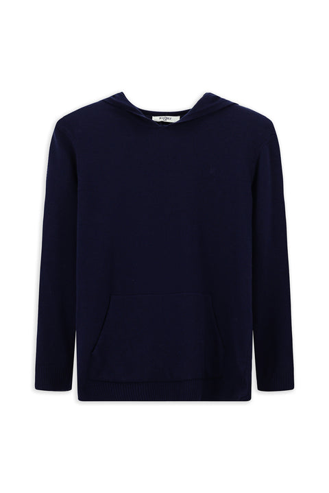 Koyu Lacivert Kapüşonlu Regular Fit Yünlü Triko Kazak