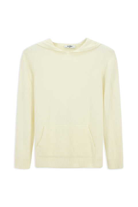Ekru Kapüşonlu Regular Fit Yünlü Triko Kazak