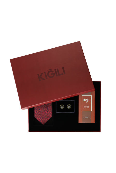 3'lü Kravat & Kol Düğmesi & 100 ml Amber Night Parfüm Hediye Kutulu Set