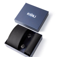 Siyah 3'lü Desenli Kravat & Mendil & Kol Düğmesi Hediye Kutulu Set
