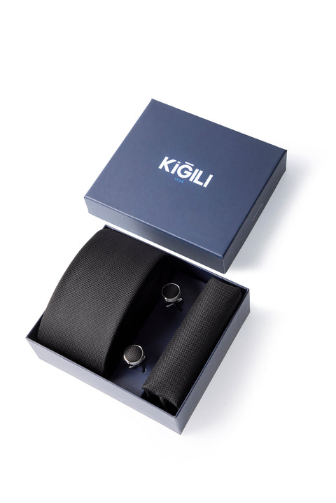 Siyah 3'lü Desenli Kravat & Mendil & Kol Düğmesi Hediye Kutulu Set