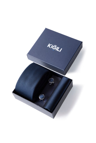  Koyu Lacivert 3'lü Kravat & Mendil & Kol Düğmesi Hediye Kutulu Set
