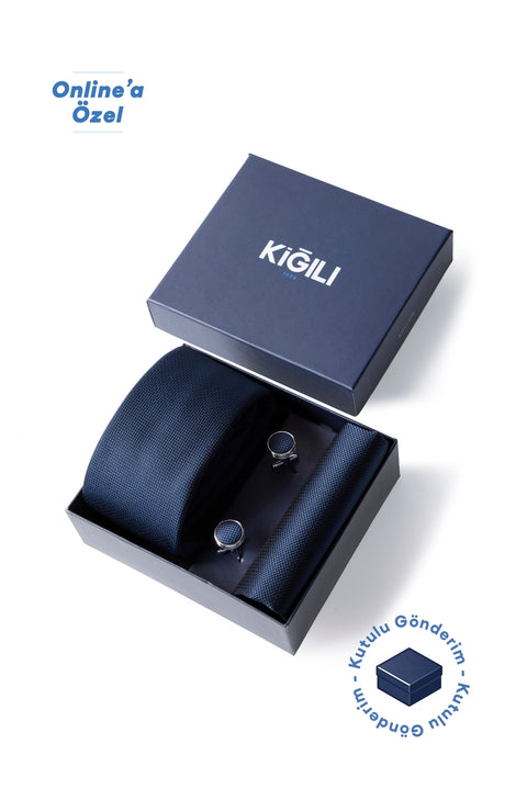 Dark Navy Blue 3-Piece Patterned Tie, Pocket Square & Cufflinks Set in Gift Box