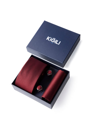  Koyu Bordo 3'lü Kravat & Mendil & Kol Düğmesi Hediye Kutulu Set