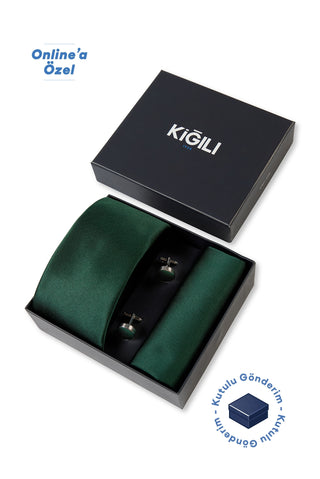  Koyu Yeşil 3'lü Desenli Kravat & Mendil & Kol Düğmesi Hediye Kutulu Set