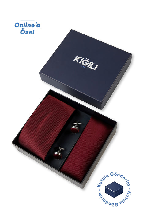 Koyu Kırmızı 3'lü Desenli Kravat & Mendil & Kol Düğmesi Hediye Kutulu Set
