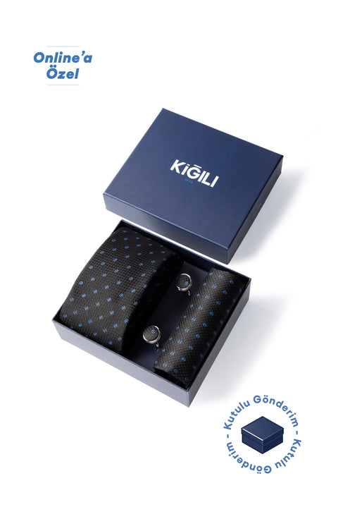 Black 3-Piece Patterned Tie, Pocket Square & Cufflink Set in Gift Box