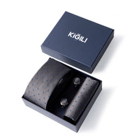 Orta Gri 3'lü Desenli Kravat & Mendil & Kol Düğmesi Hediye Kutulu Set