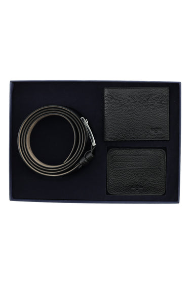  Siyah Desenli 3'lü Deri Kemer & Cüzdan & Kartlık Hediye Kutulu Set