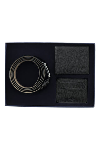  Siyah Desenli 3'lü Deri Kemer & Cüzdan & Kartlık Hediye Kutulu Set