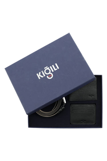 Siyah Desenli 3'lü Deri Kemer & Cüzdan & Kartlık Hediye Kutulu Set