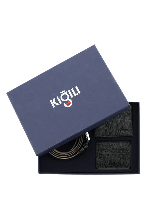 Siyah Desenli 3'lü Deri Kemer & Cüzdan & Kartlık Hediye Kutulu Set