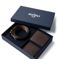 Orta Kahve Desenli 3'lü Deri Kemer & Cüzdan & Kartlık Hediye Kutulu Set